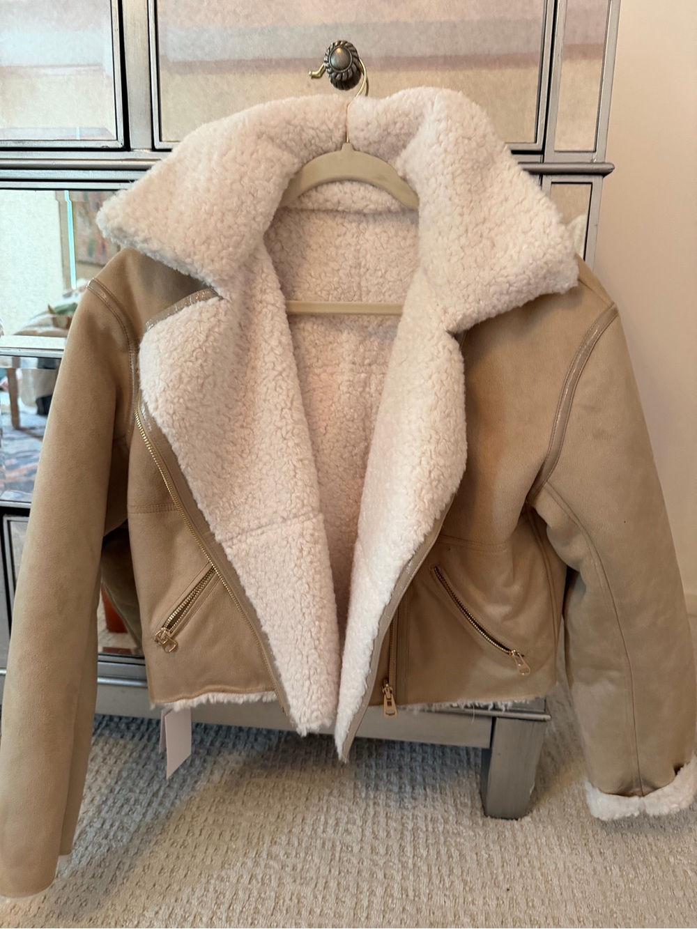Cami NYC Tan Leather Moto Jacket with Cream Shearling Lining